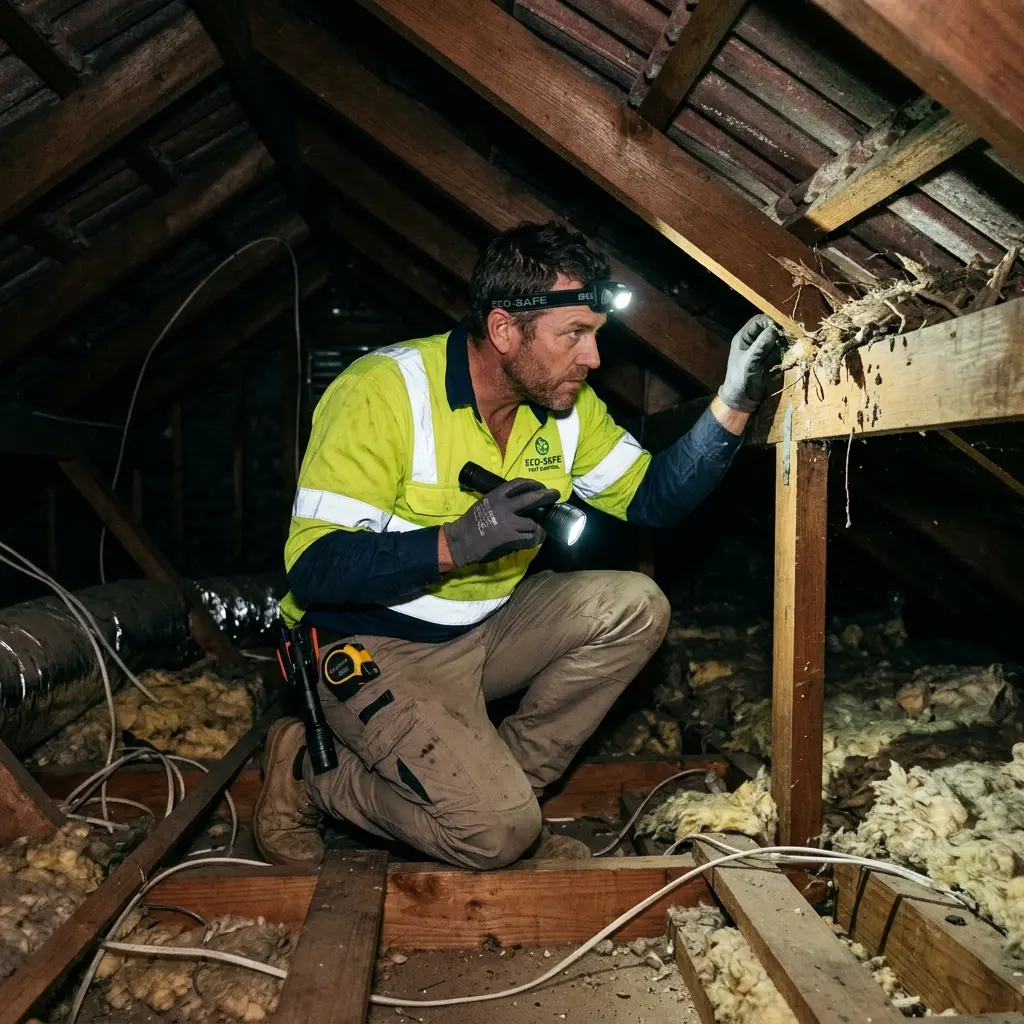 Technician inspecting a roof cavity for a dead animal in Claretown