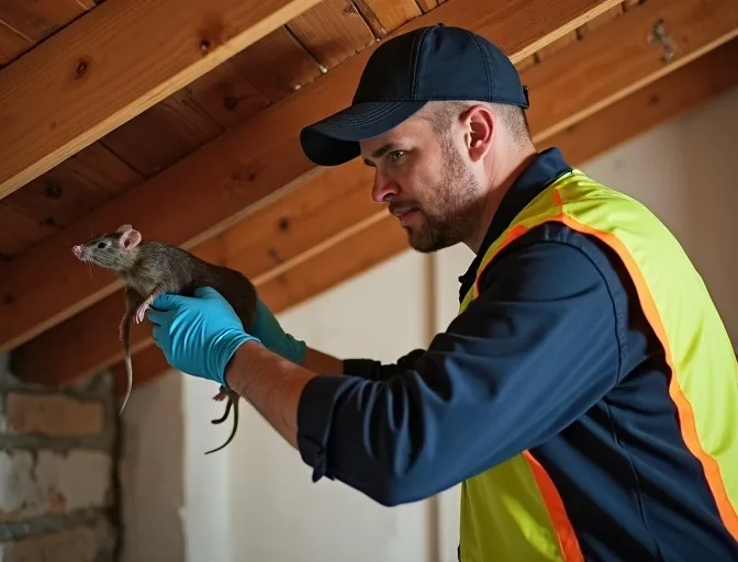 Technician inspecting a roof cavity for a dead rat in Claretown